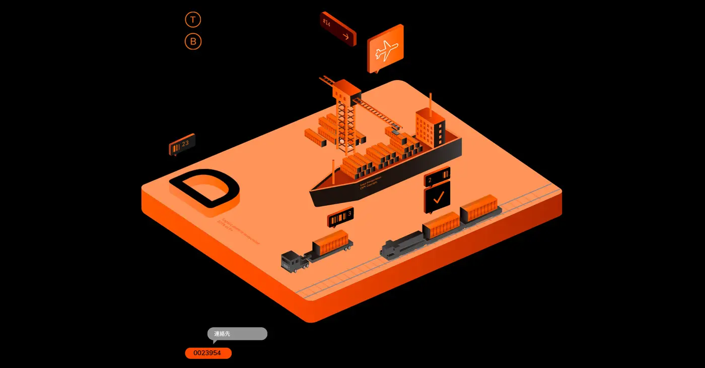 Ilustración isométrica de un puerto con buque, grúas y trenes de contenedores